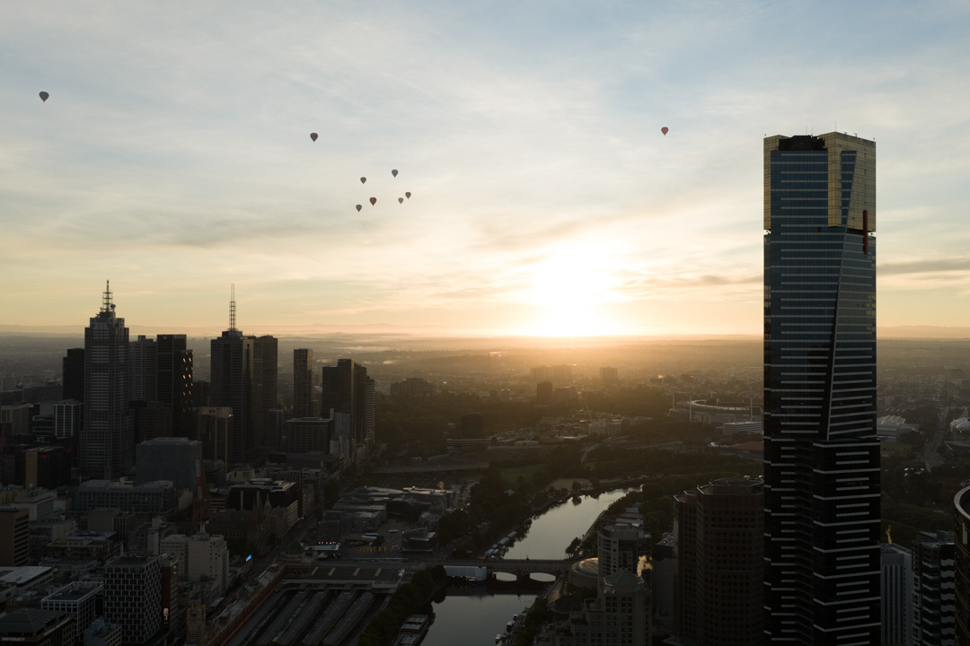 Dusk and night aerial cinematography over Melbourne